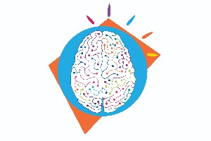 Cognitive Neuroscience Institute logo of brain with blue circle and square orange background.